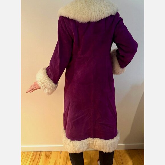 Purple Suede Sheepskin Shearling Leather Vintage Fur Penny Lane Long Maxi Coat S - Picture 5 of 12